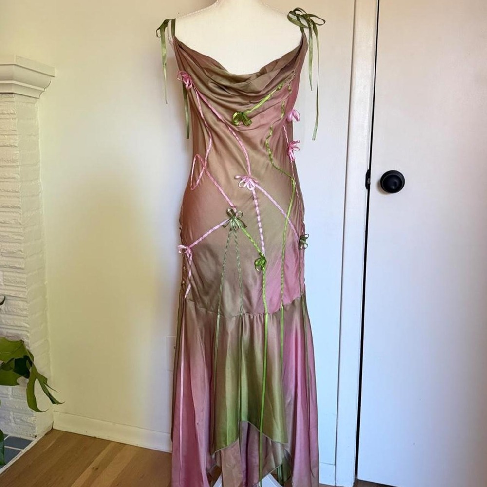 Tyler McGillvary Coquette Pink/Green Viscose/Rayon Dress Lace Ribbon Straps Y2k